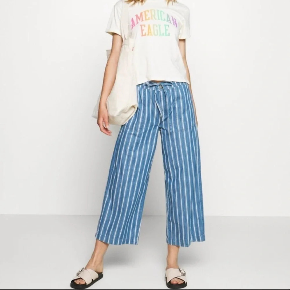 American Eagle Size 2 Regular Blue Cotton Striped Wide Leg Crop Pants Cropped
